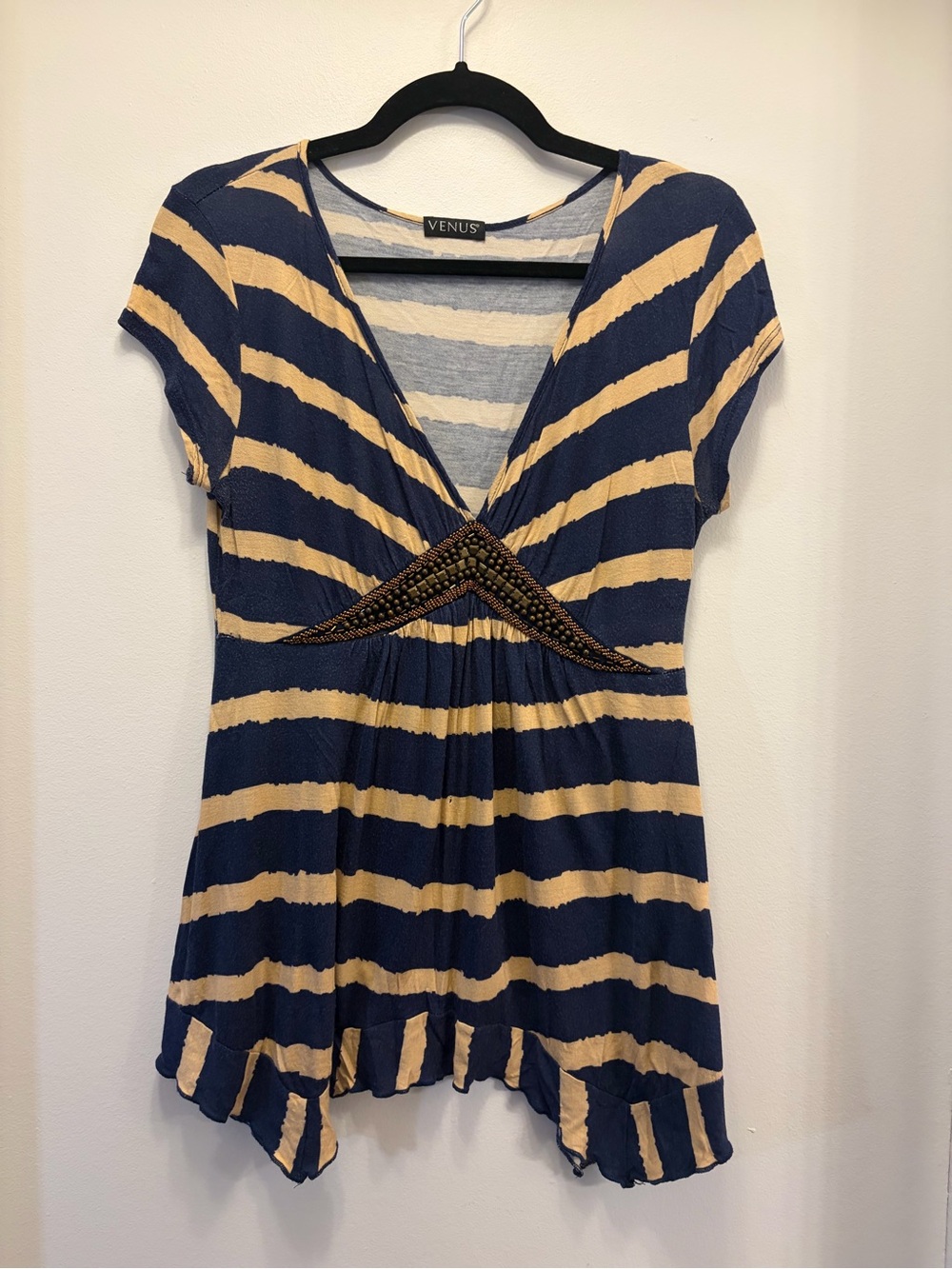 VENUS Navy and Tan Striped V-Neck Empire Tunic Beaded Detail Asymmetrical Hem